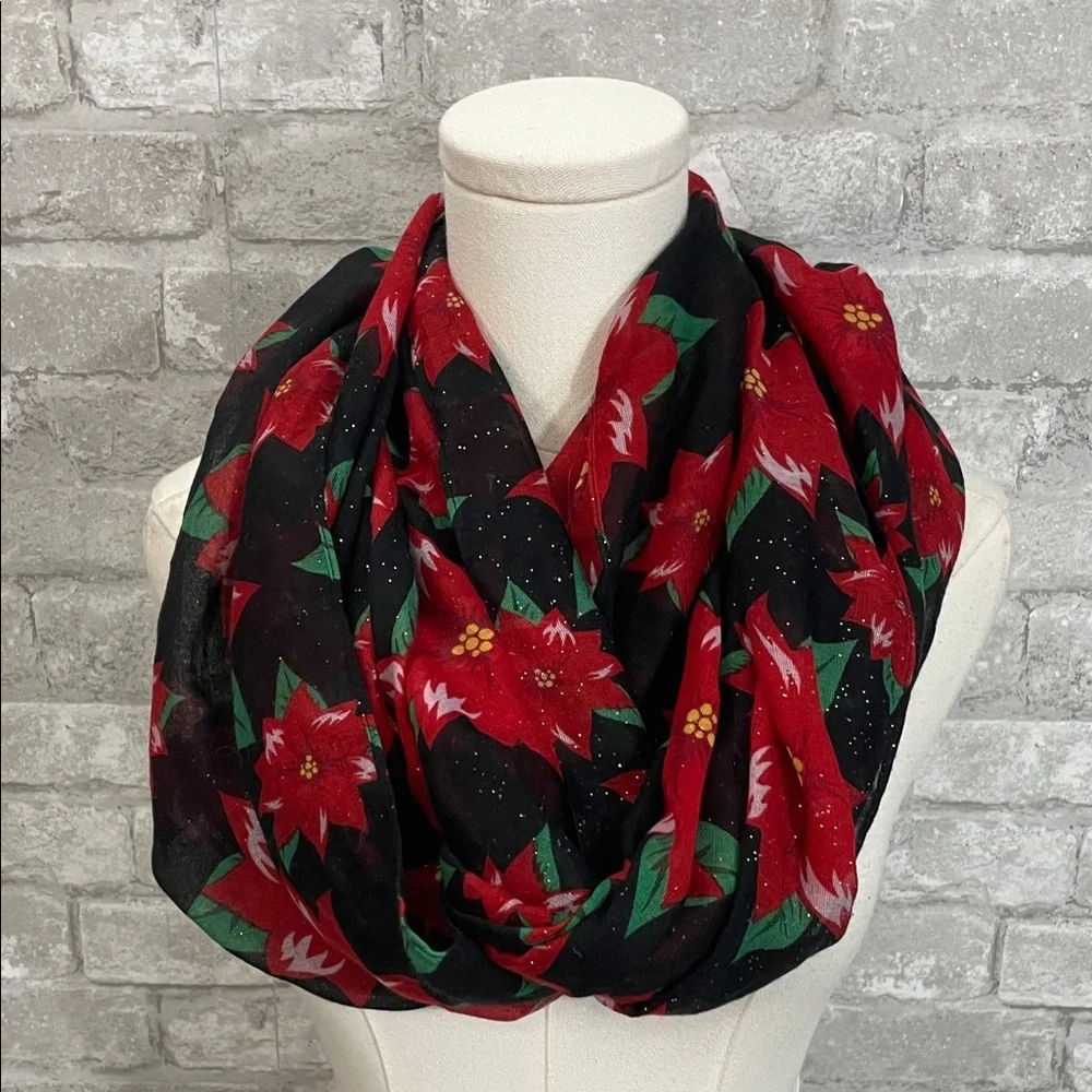 Charming Charlie Red and Black Poinsettia Floral Infinity Scarf